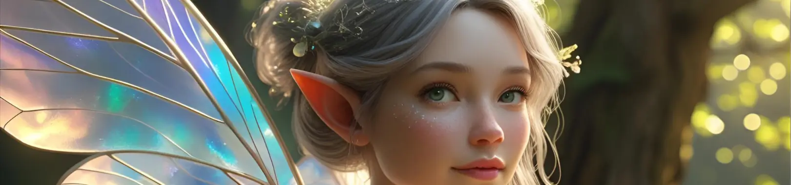 fée blonde avec des ailes en premier plan et un arbre derrière