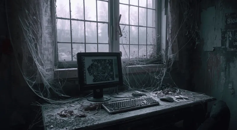 bureau avec ordinateur cassé et clavier , sales et remplis de toiles d'araignées pour symboliser un contenu statique qui pénalise le référencement