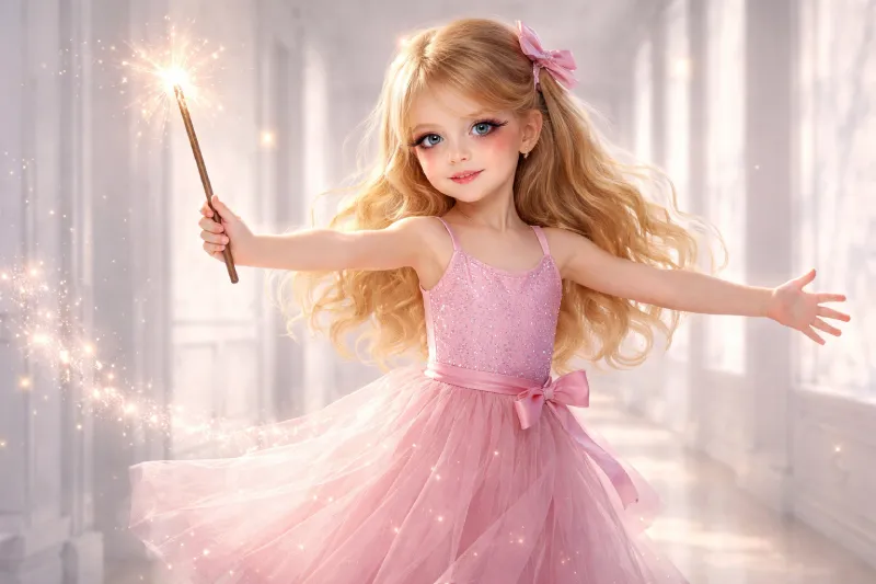 julia en robe rose avec une baguette dans un couloir