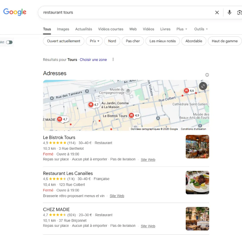 capture ecran du local pack de google sur restaurant de tours