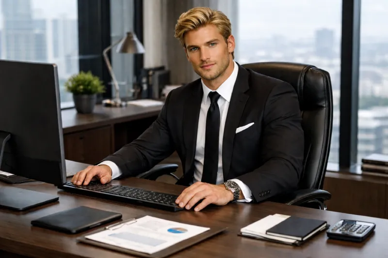 homme blond yeux verts en costume noir assis à un bureau, il est assureur