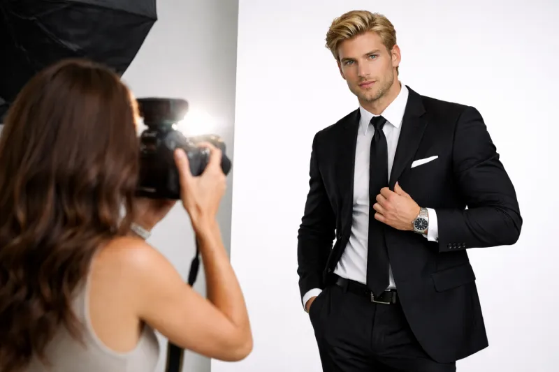 homme blond en costume qui pose devant une photographe, luc est mannequin