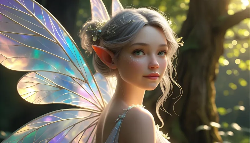 fée blonde avec des ailes en premier plan et un arbre derrière