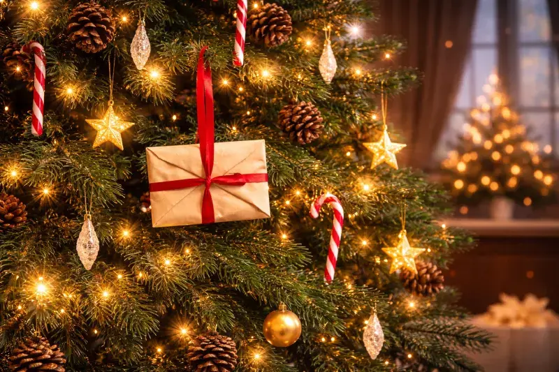 sapin nordmann avec des gouttes, des sucres d'orge des lumières qui clignotent et un papier plié qui pend contenant le vœux de Julia