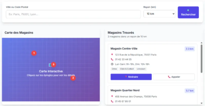 copie ecran d'un store locator imaginaire qui montre une carte interactive avec des punaises de localisation et à droite deux adresses fictives de magasins pour illustrer l'article sur le référencement locale à tours