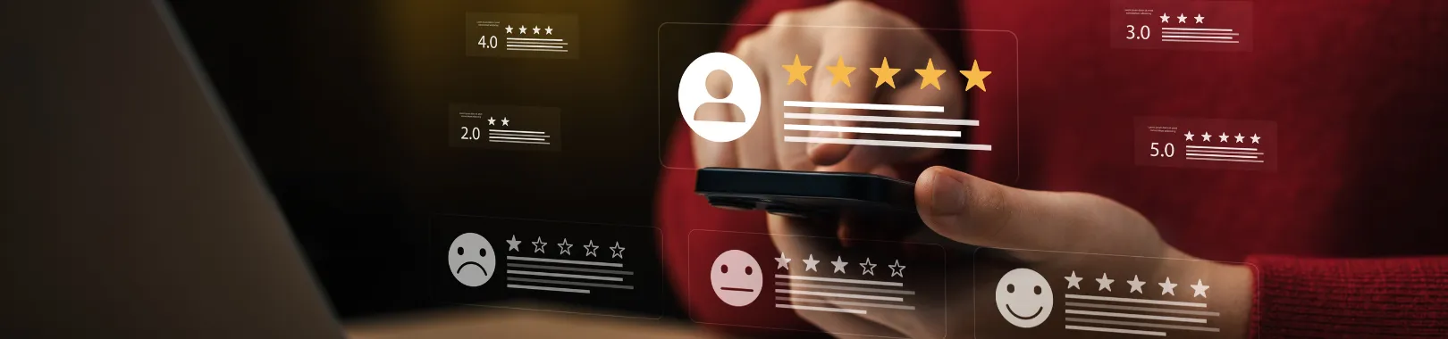 personne laissant un avis client sur smartphone avec étoiles et évaluations affichées à l’écran