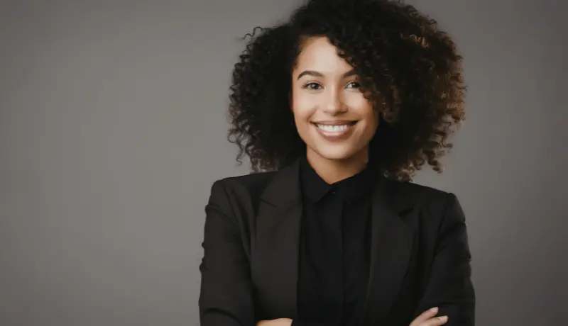 femme au cheveux bouclés souriante qui pose en tailleur noir pour illustrer comment rédiger une page à propos efficace
