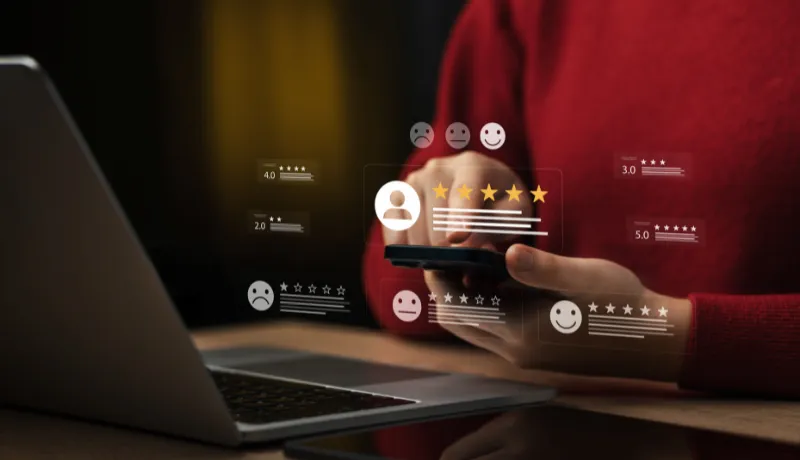 personne laissant un avis client sur smartphone avec étoiles et évaluations affichées à l’écran