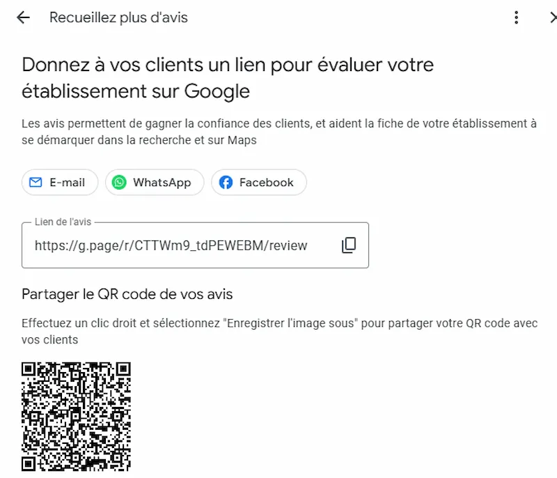 fenêtre GBP avec lien vers la fiche pour laisser un avis et le QR code
