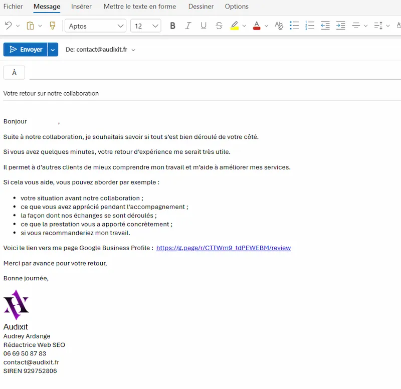 copie écran d'un mail qui demande un témoignage 
