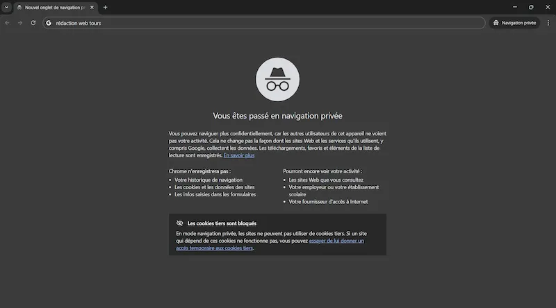 recherche Google en navigation privée sur rédaction web tours pour illustrer la recherche métier plus ville