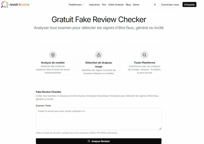 page d'accueil du site fake review cheker qui montre ses fonctionnalités